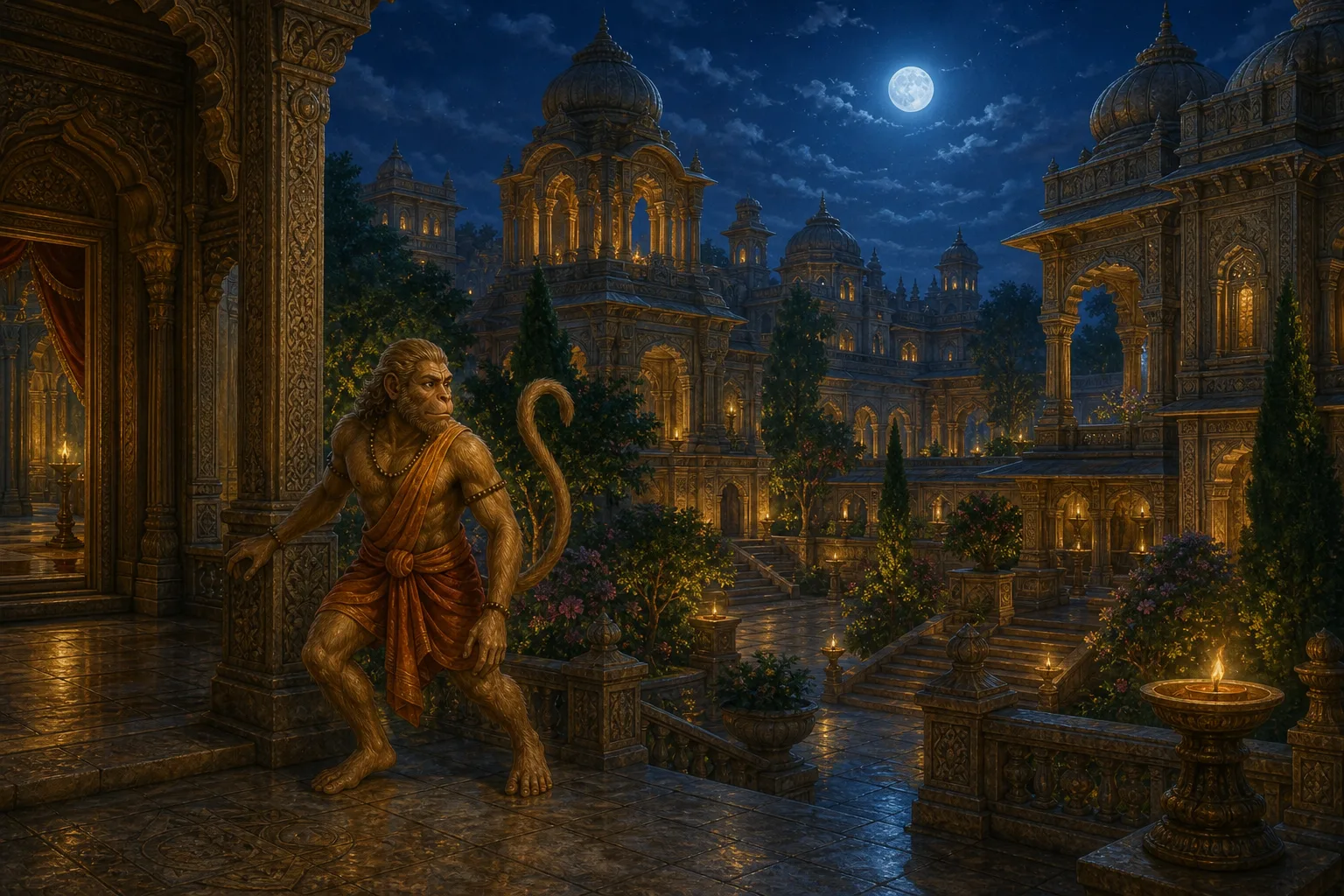 Hanuman moves quietly through Ravana's lamplit palace searching for Sita