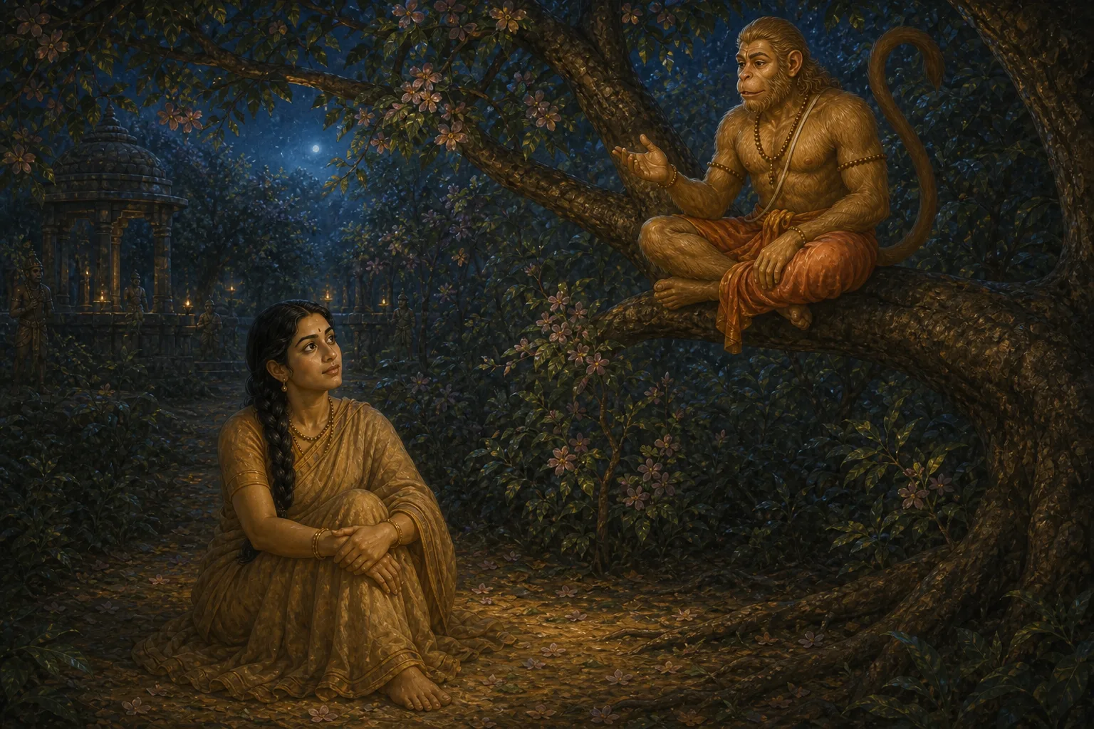 Sita holds Ram's ring in her palm as Hanuman bows at a respectful distance
