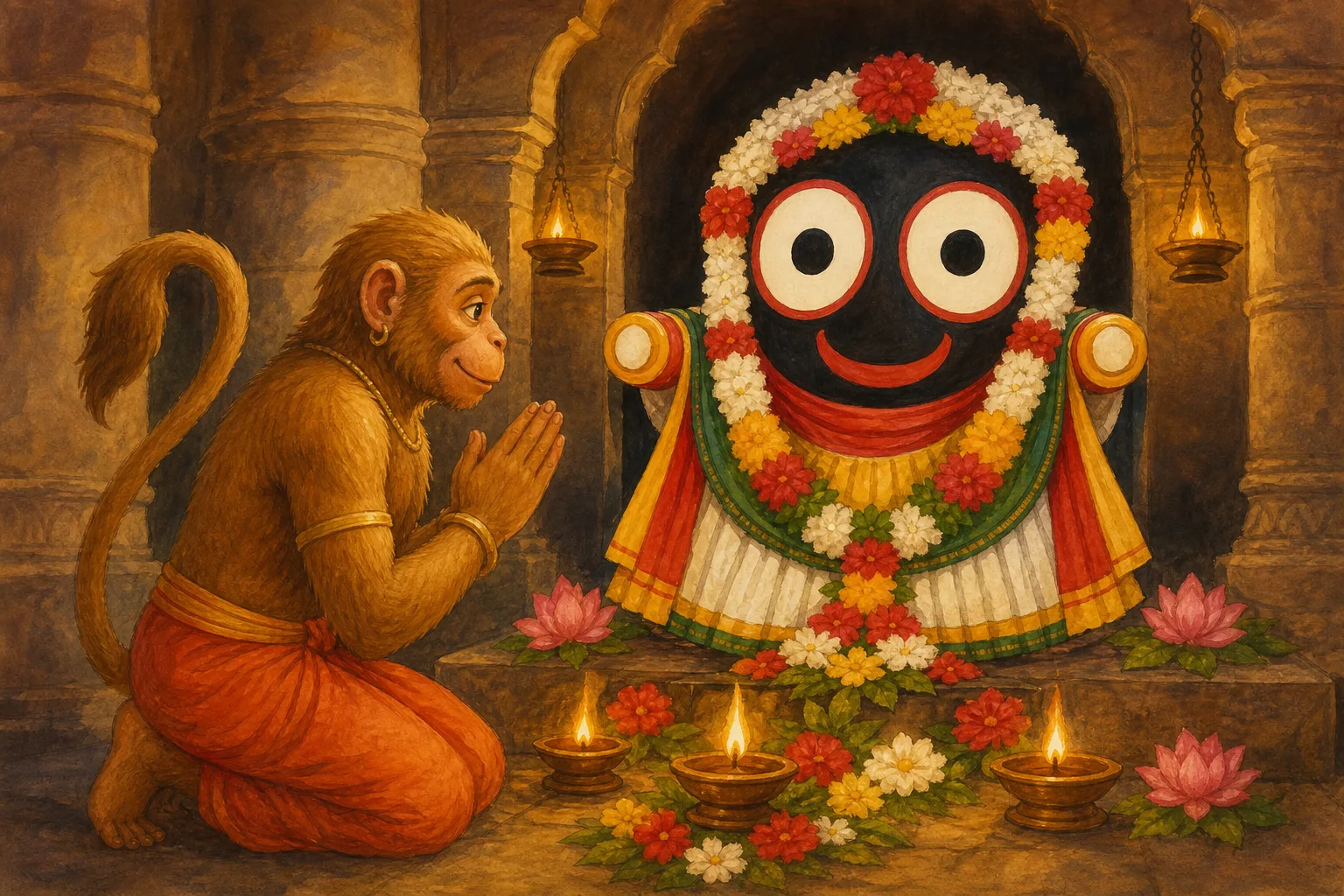Hanuman folds his hands before Lord Jagannath, accepting the duty to guard Puri from the restless sea