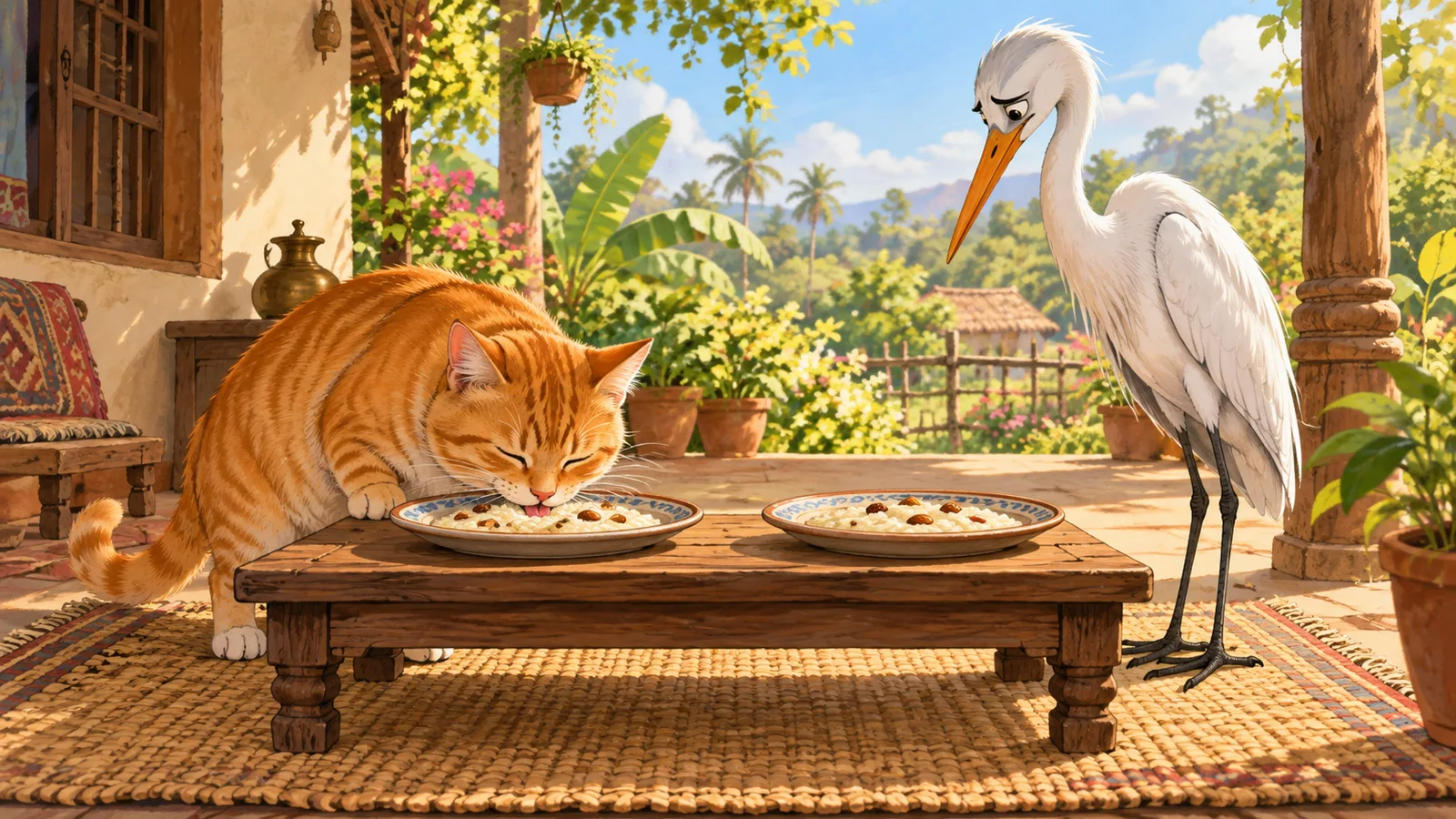 The cat eats rice pudding from a wide plate while the long-beaked heron cannot eat his share.