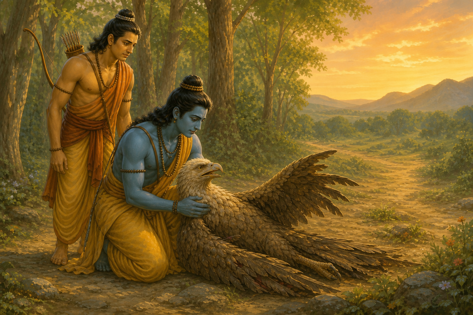Ram and Lakshmana learn Ravana's direction from the injured Jatayu