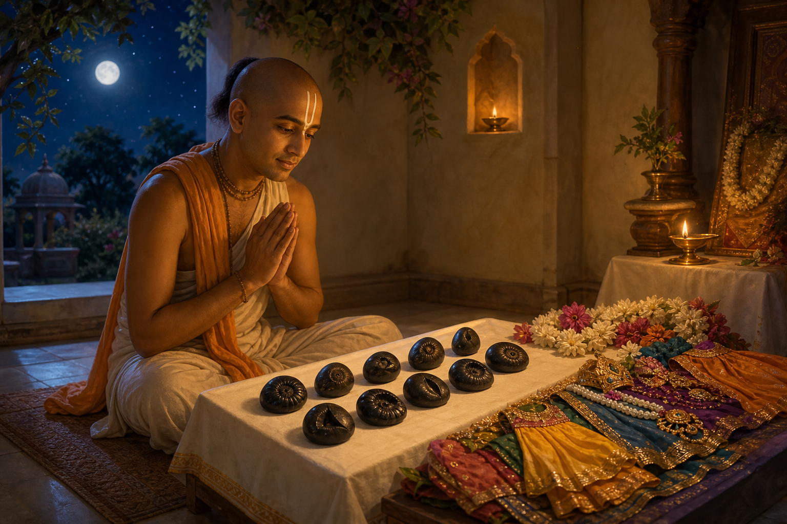 Gopal Bhatta Goswami prays before the Shaligram stones and the offered garments