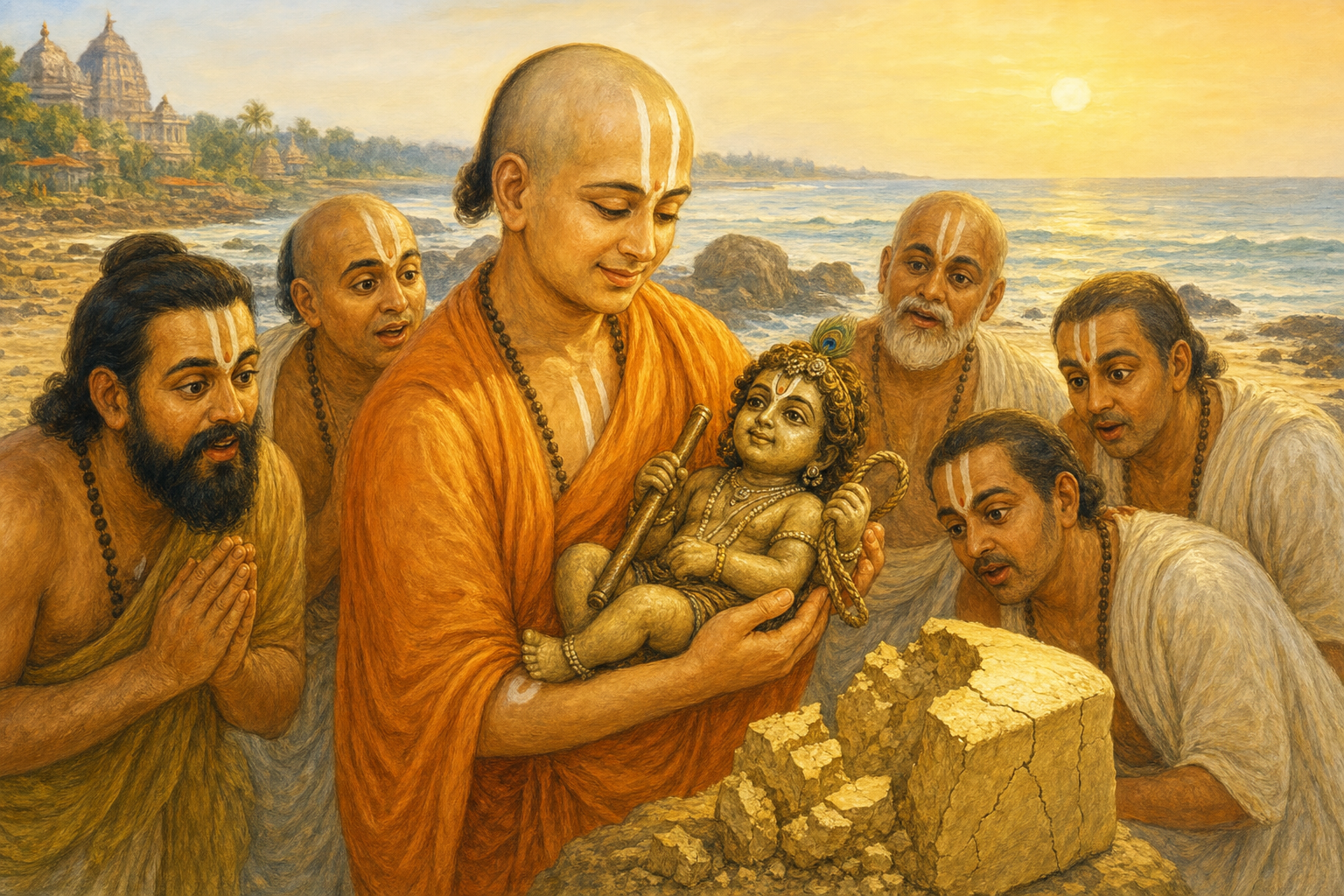Madhvacharya lifts the child Krishna deity revealed from sacred clay
