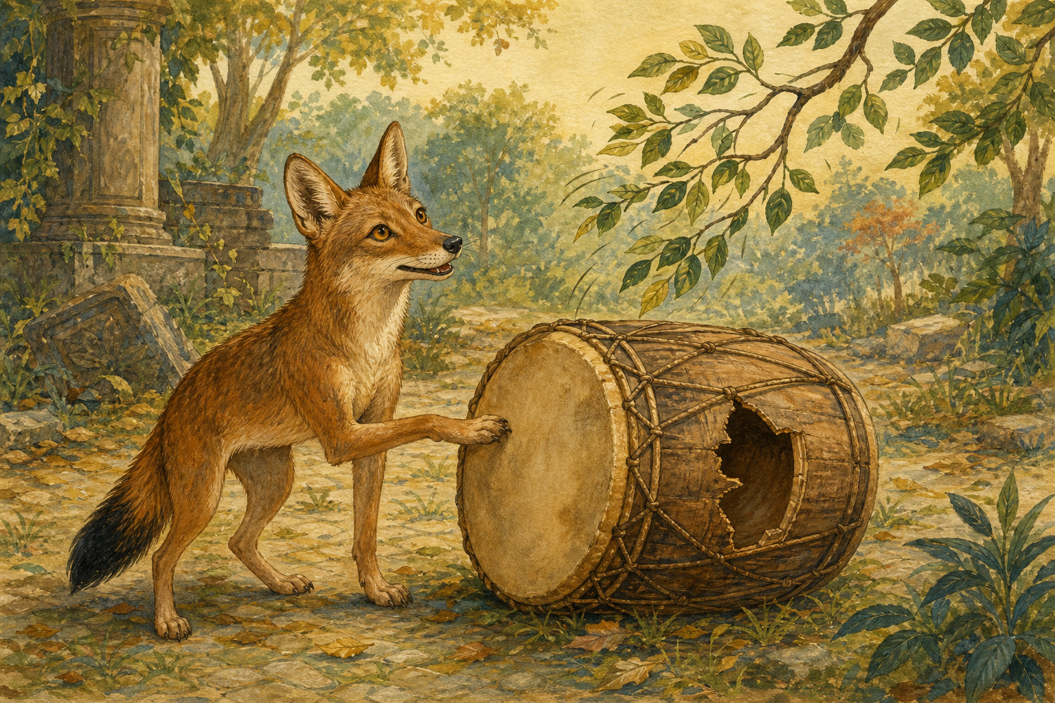 The relieved jackal tapping the drum and discovering that it is hollow