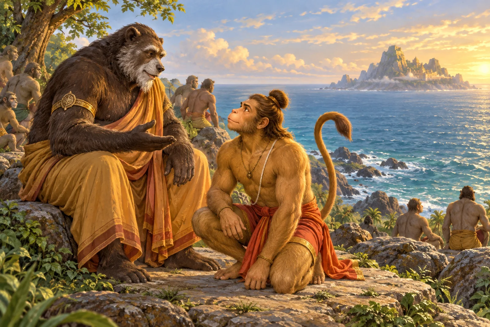 On the ocean shore, Jambavant reminds Hanuman of his strength and ability to reach Lanka