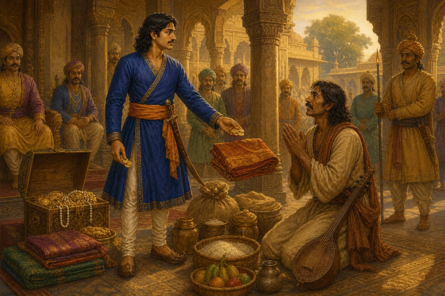 The treasurer hands the bard coins, cloth, and ornaments in the court while Vikram looks on