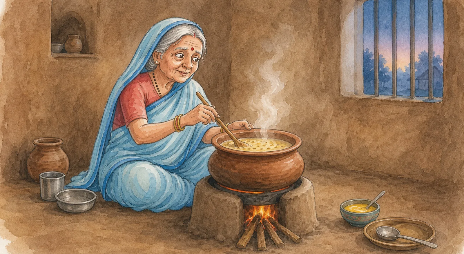 Karma Bai sits beside child Jagannath, fanning the hot khichdi as he eats