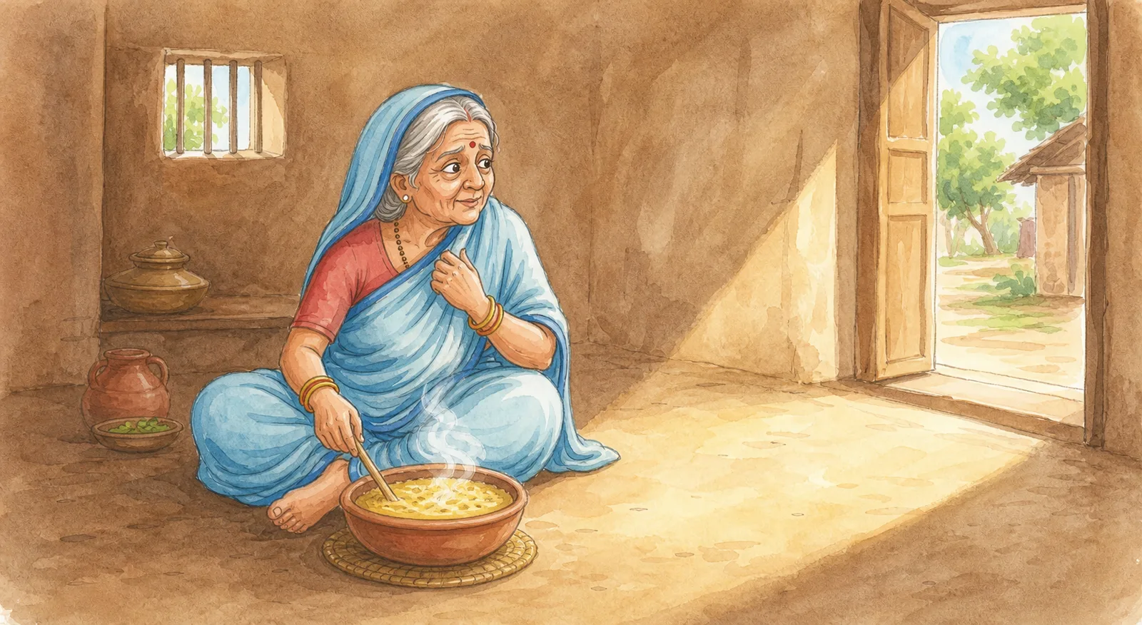 Karma Bai looks worriedly at the empty place beside her after cleaning delayed her cooking