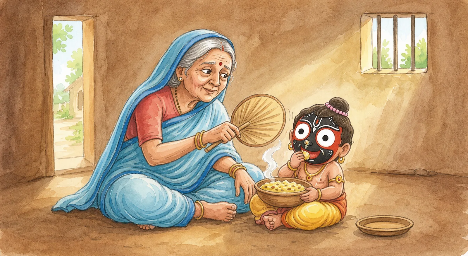 Jagannath eats eagerly with a dab of khichdi near his smiling mouth