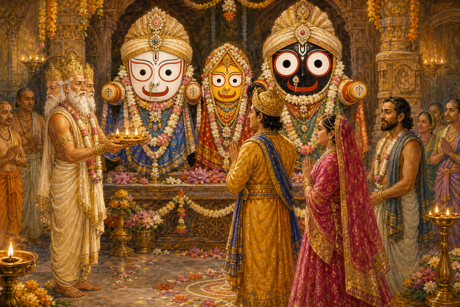 Brahma conducts the consecration of the Jagannath triad as the reunited king and queen pray
