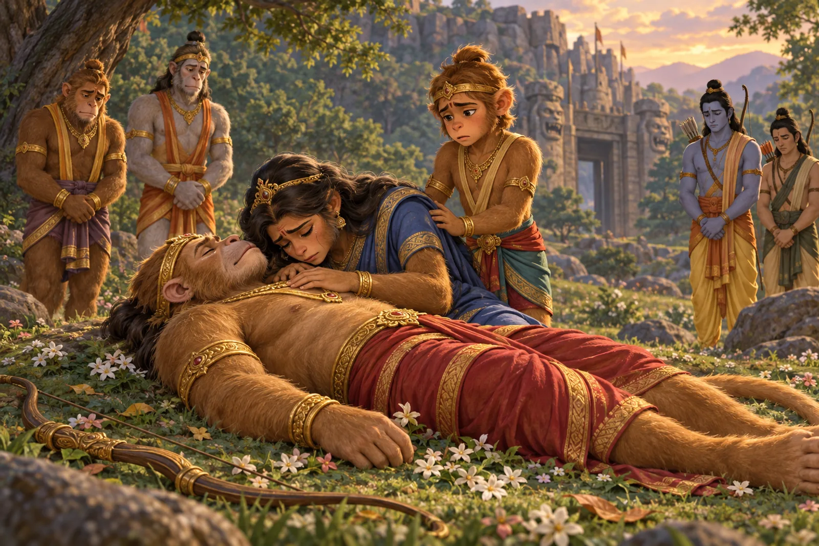 Tara kneels beside the fallen Vali in grief while Angada stands close by her side