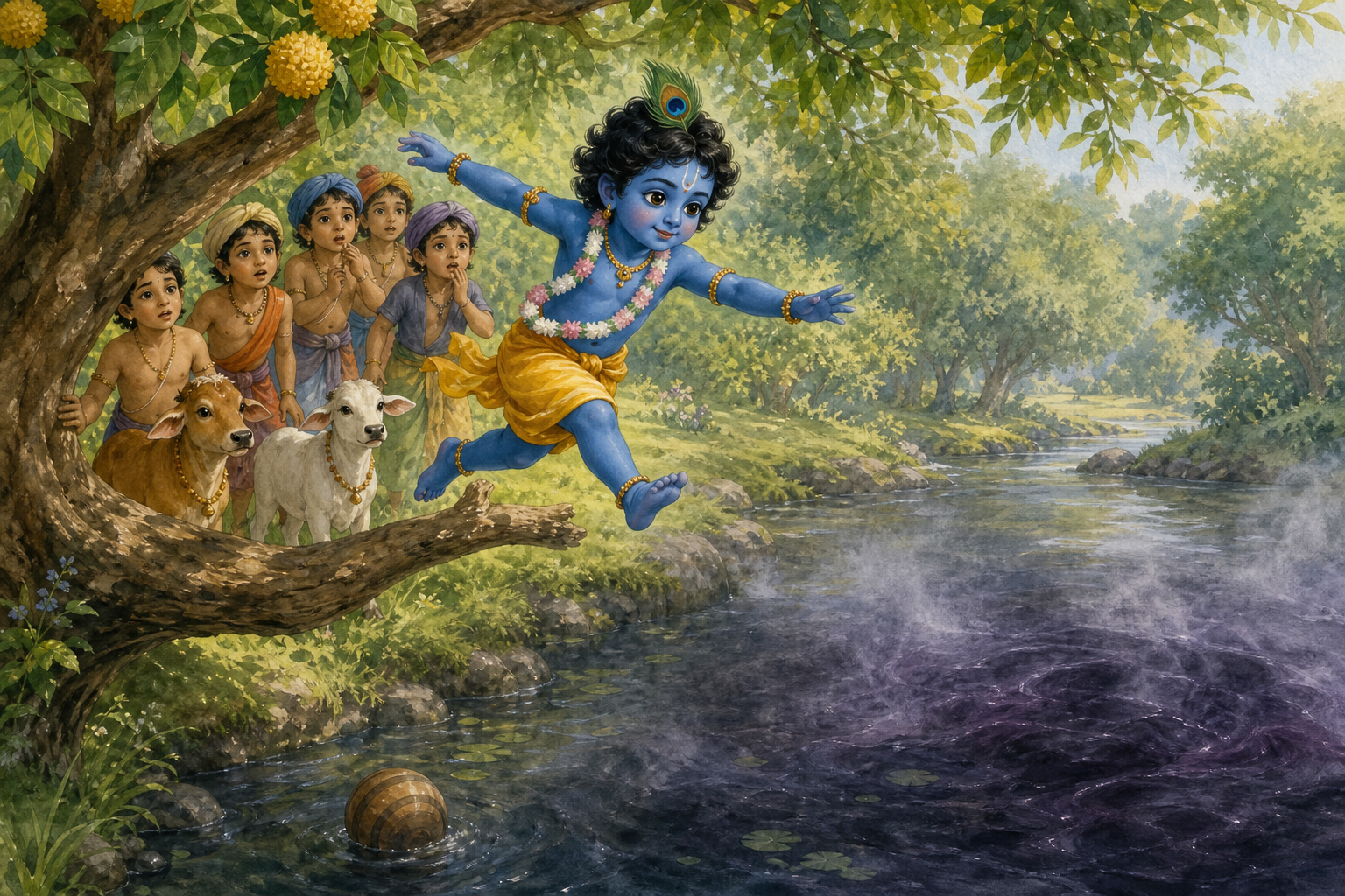 Young Krishna leaps from a kadamba branch into Kalia's pool