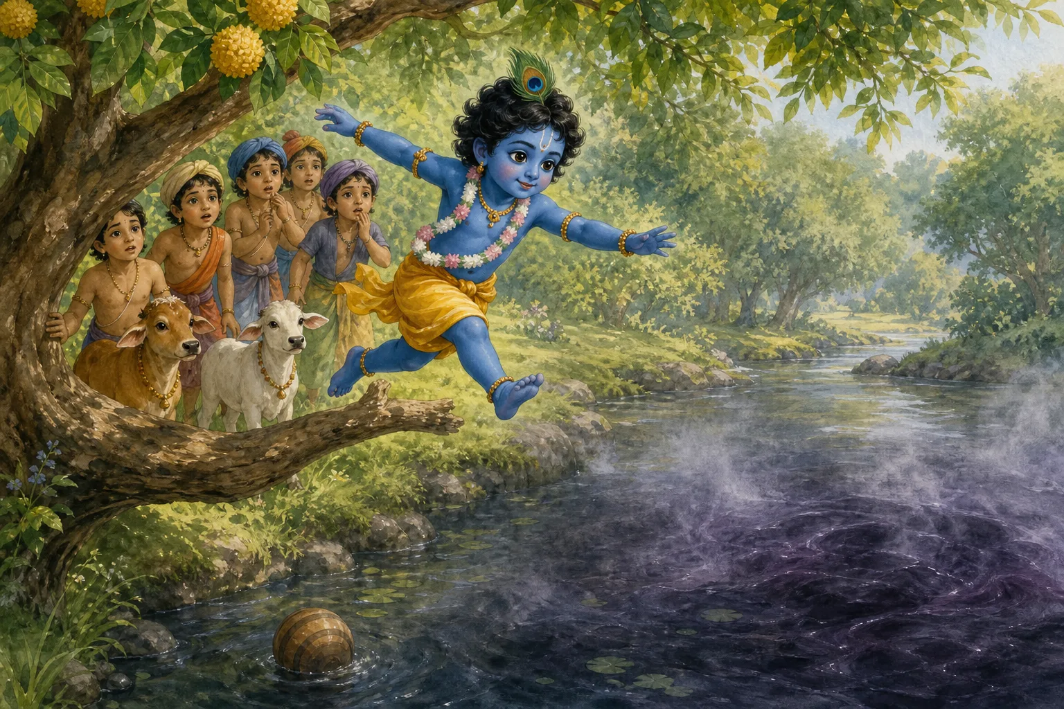 Young Krishna leaps from a kadamba branch into Kalia's pool
