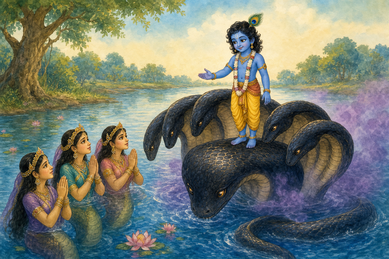Krishna offers mercy to the humbled Kalia as the naga wives pray