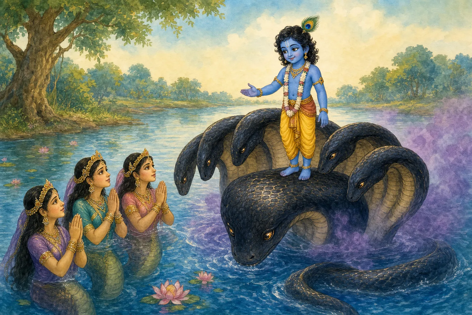 Krishna offers mercy to the humbled Kalia as the naga wives pray