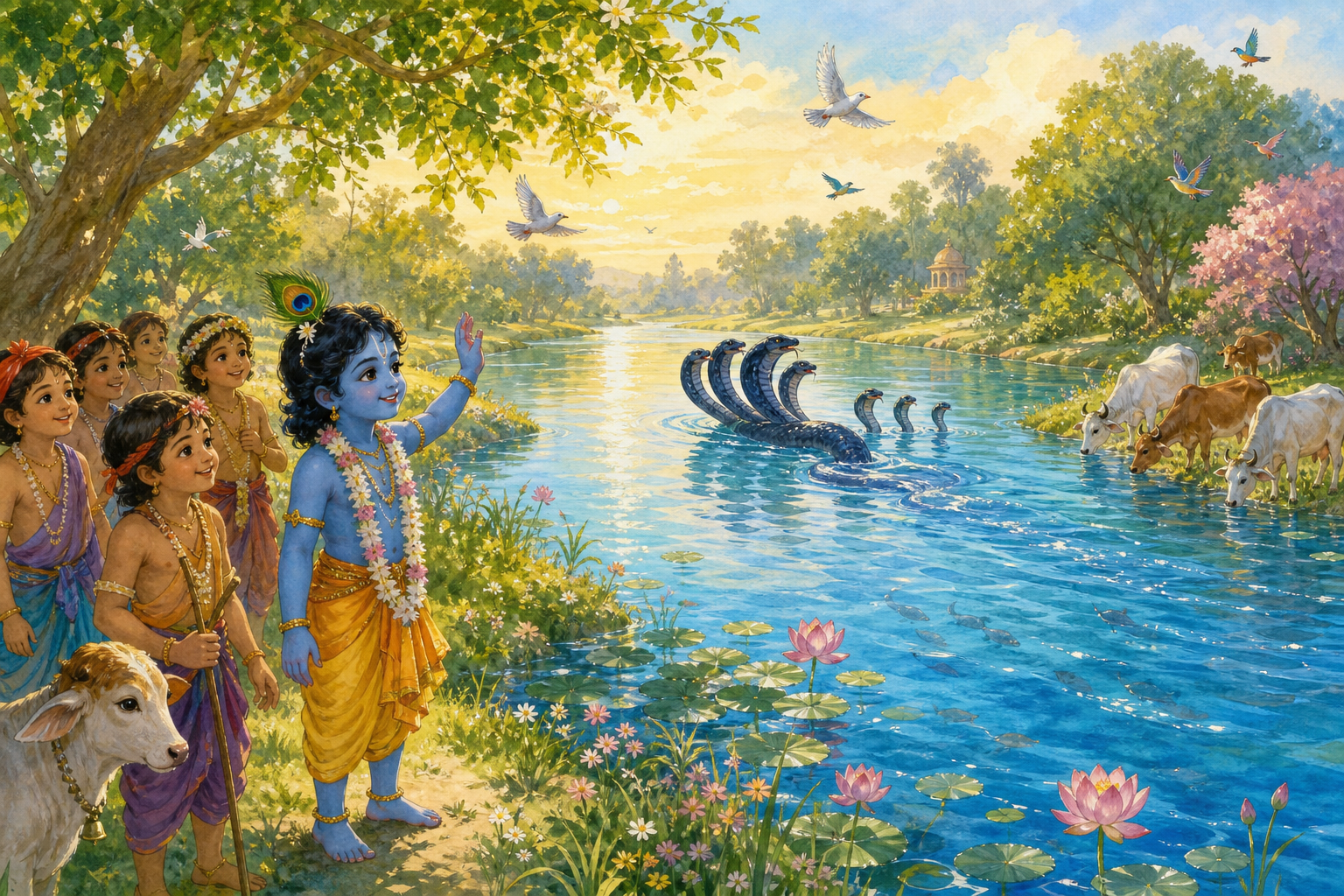 Krishna and his friends peacefully watch Kalia leave the restored Yamuna
