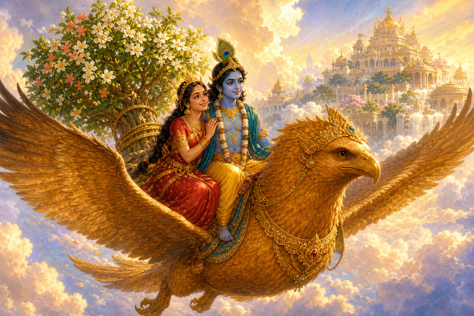 Krishna and Satyabhama return to Dwarka on Garuda with the Parijata tree