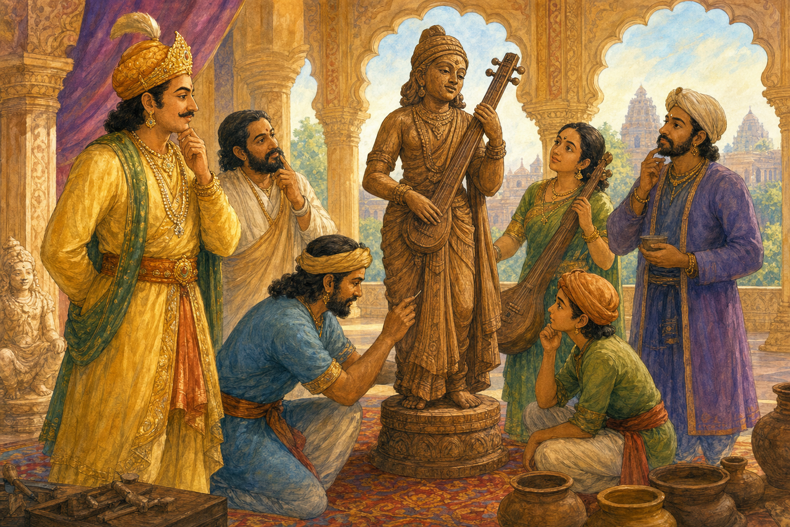Krishnadevaraya and a diverse group of artisans marvel at an extraordinarily lifelike figure