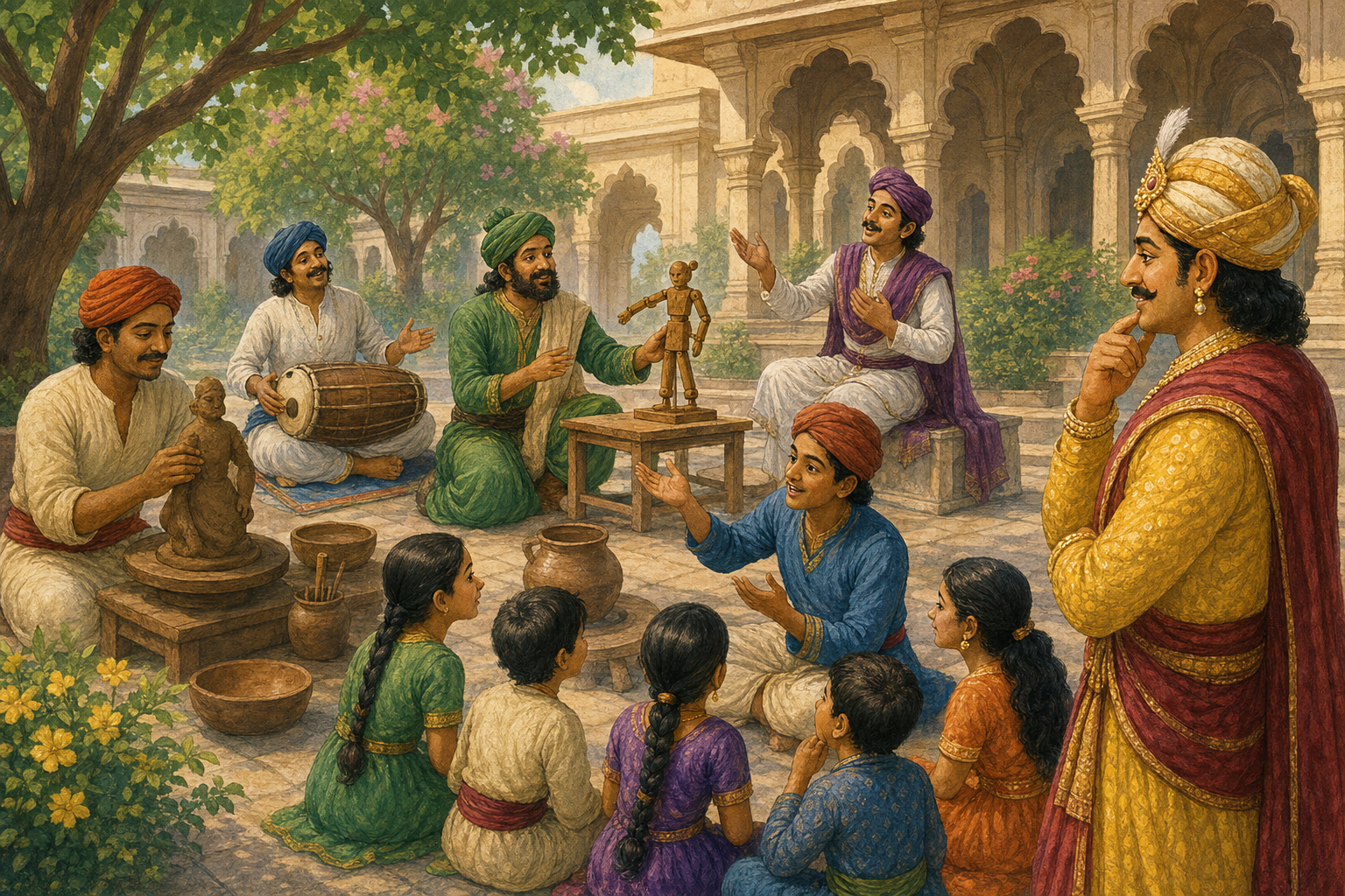 Artisans teach children about sculpture, music, and the body at an open court exhibition