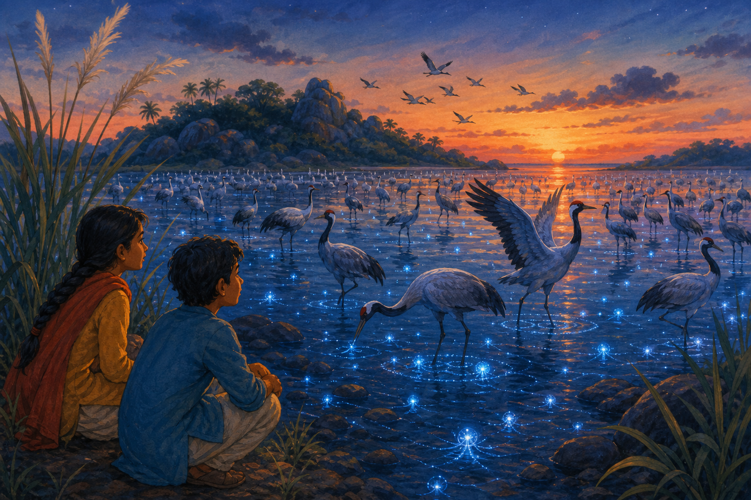 At dusk, blue light glimmers around the feet of cranes wading along Krouncha Island