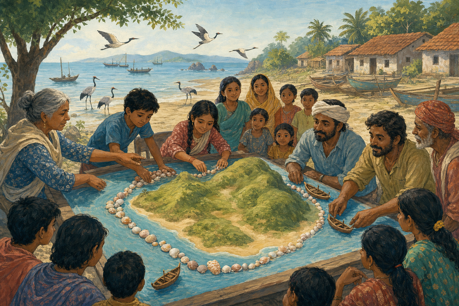 Children, boaters, and fishers plan how to protect Krouncha Island around a village map
