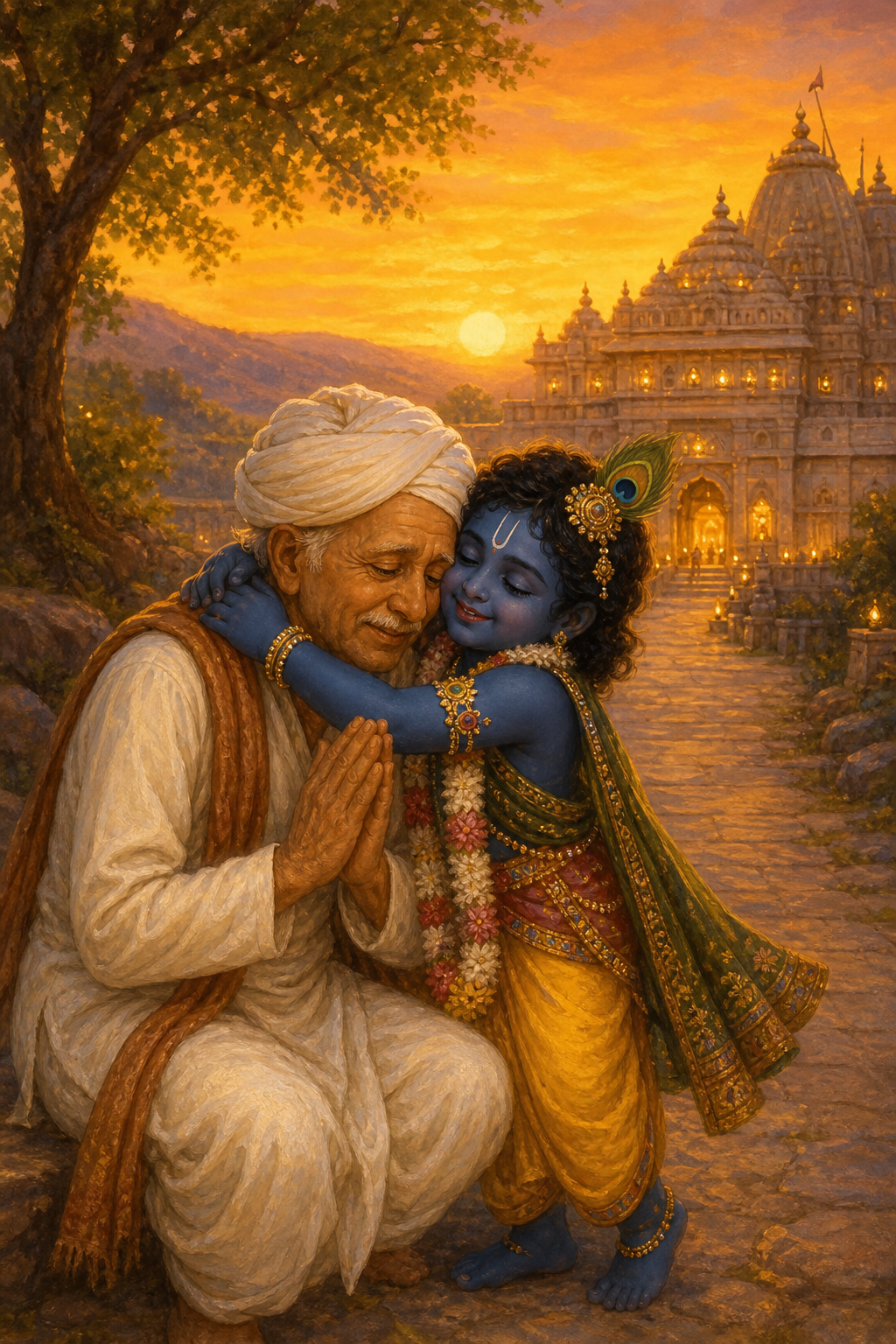 Shrinathji lovingly embraces Kumbhandas on the path to the temple