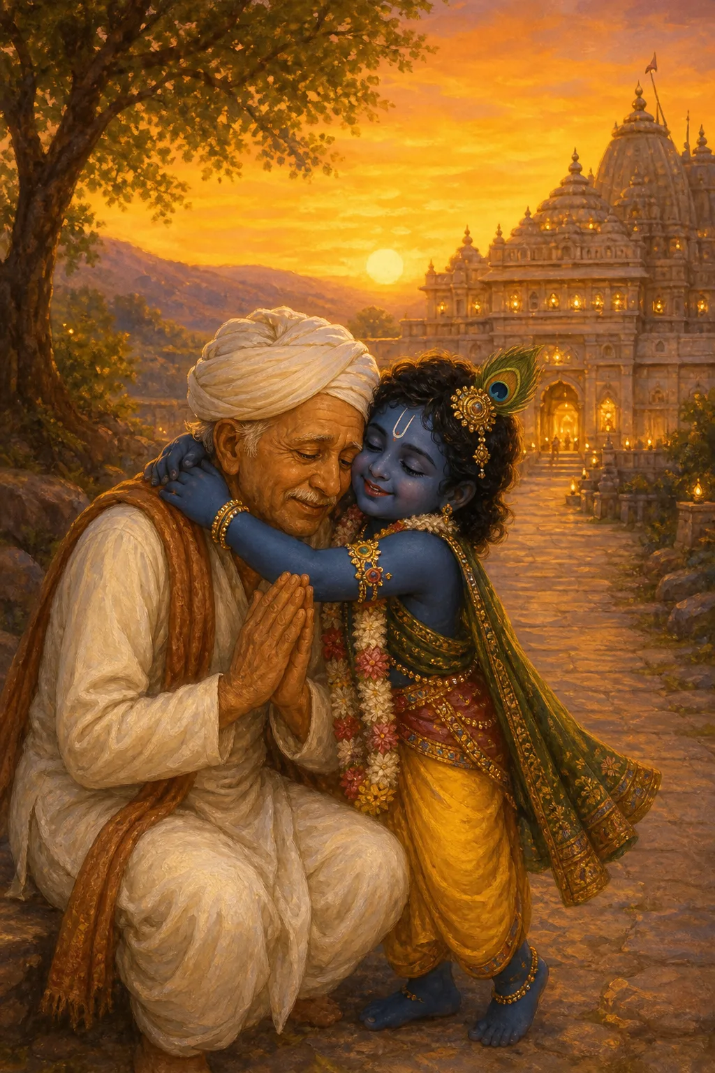 Shrinathji lovingly embraces Kumbhandas on the path to the temple