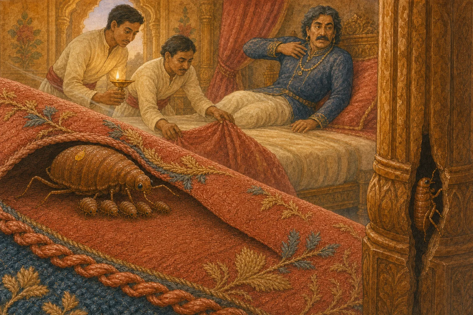Servants search the bed while Creep gathers her frightened family close together