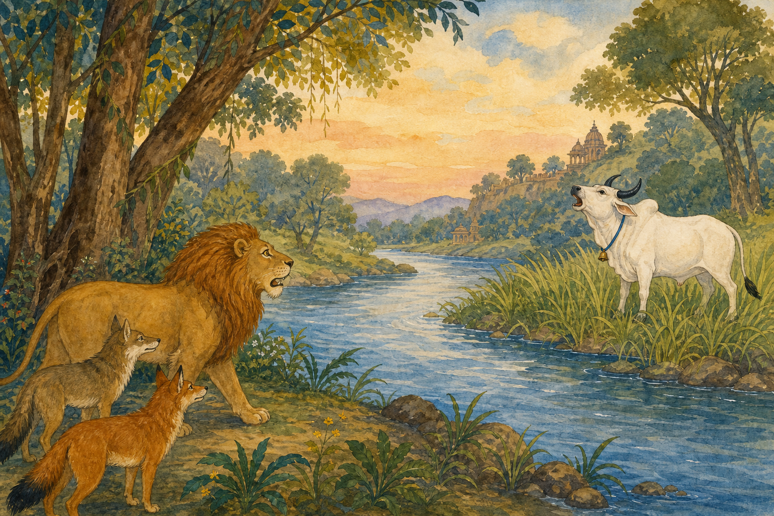 The lion Pingalaka and two jackals hearing Sanjeevaka bellow across the Yamuna