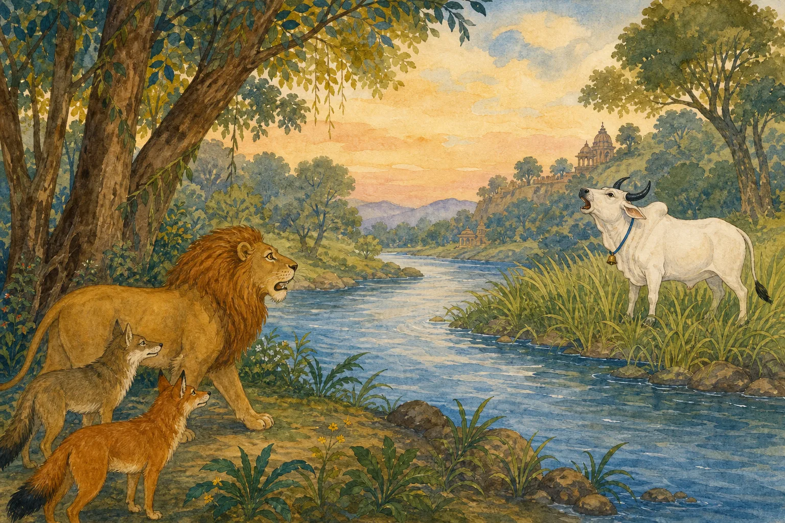 The lion Pingalaka and two jackals hearing Sanjeevaka bellow across the Yamuna