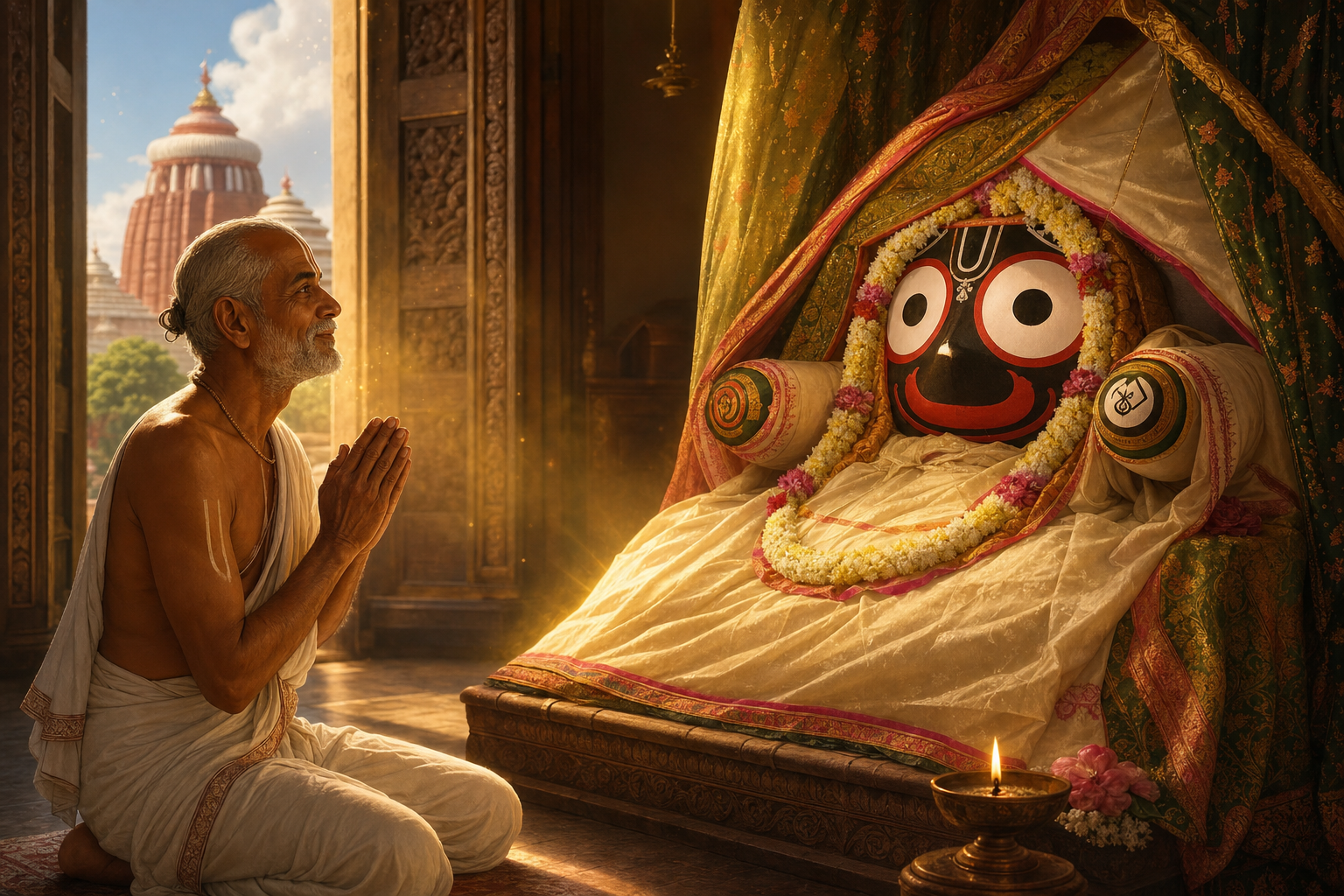 The recovered Madhav Das prays before the resting Lord Jagannath