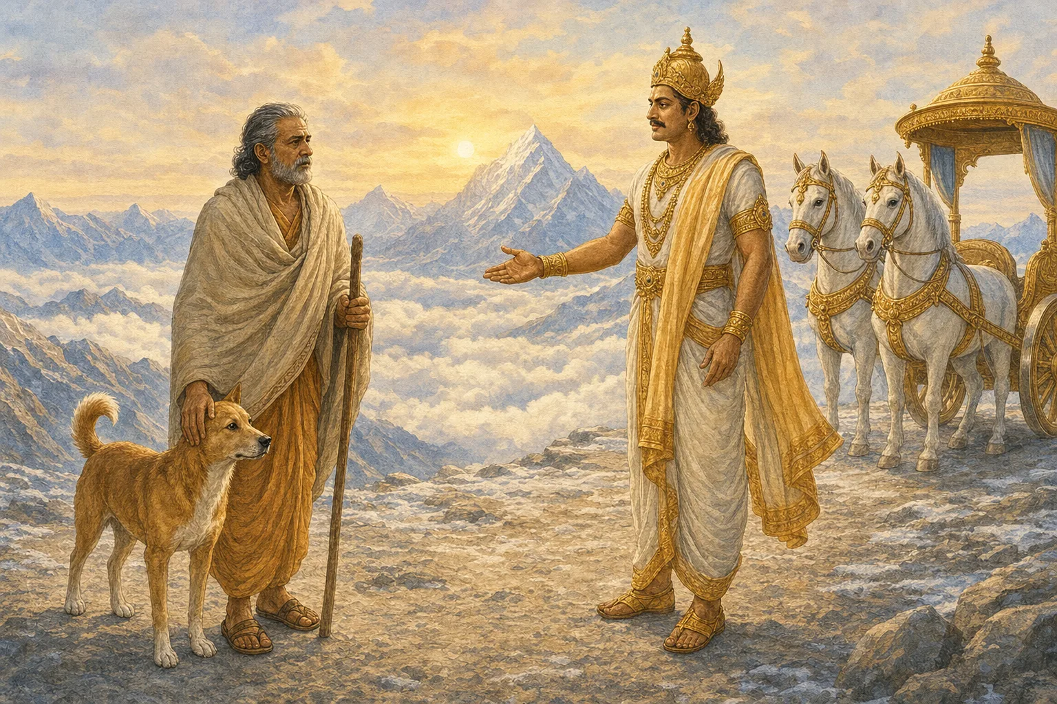 Indra stands beside the divine chariot asking that the dog be left behind while Yudhishthira looks at the faithful animal