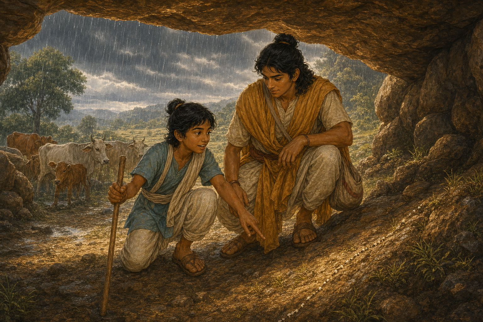 Kotappa shows Manisiddhu the ants’ warning while they shelter safely from the rain.