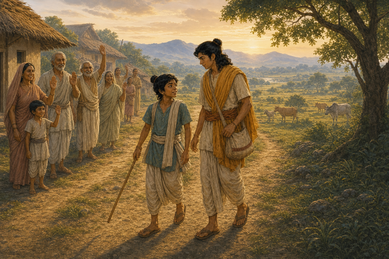 Kotappa and Manisiddhu leave the village together at dawn.