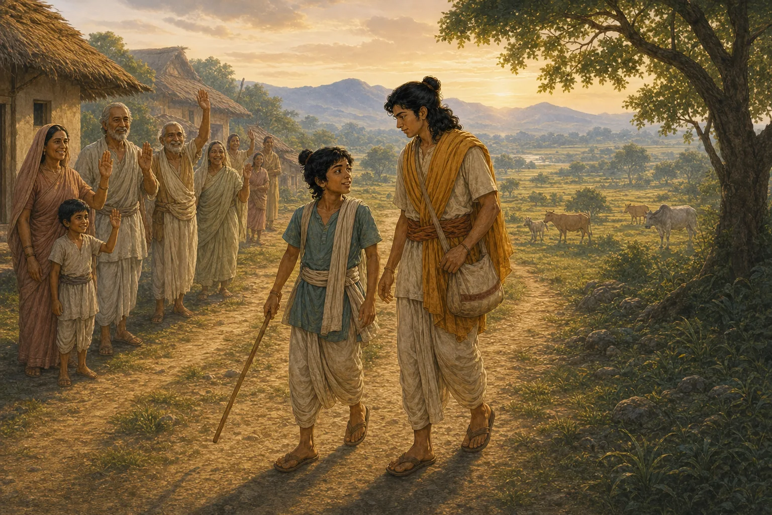 Kotappa and Manisiddhu leave the village together at dawn.