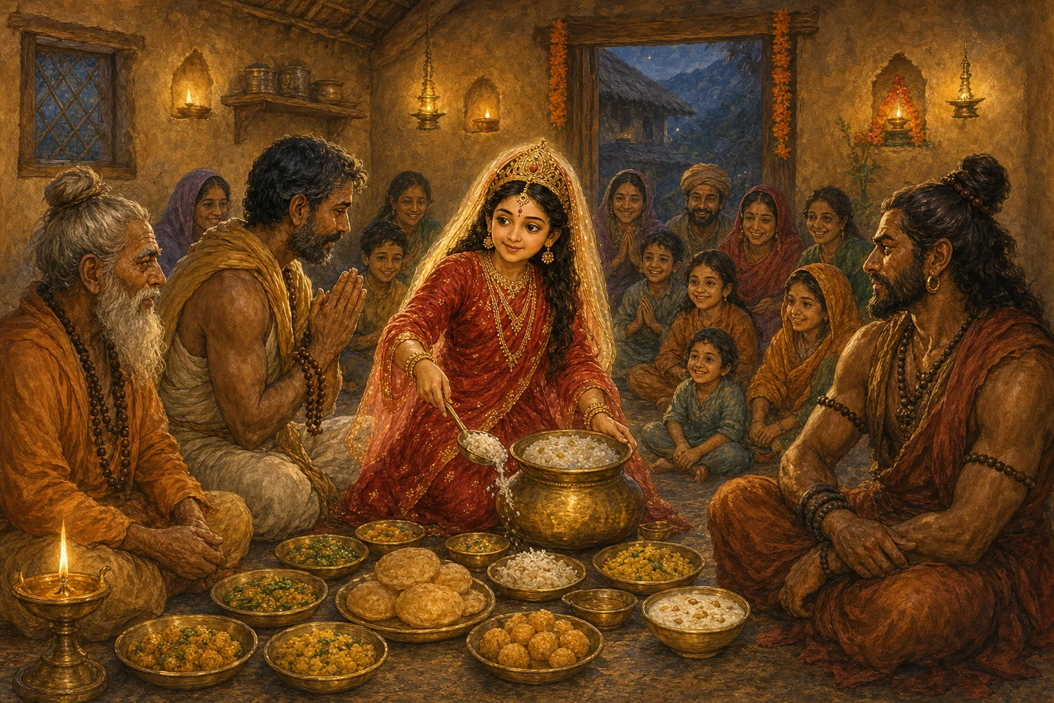 The divine girl serves endless rice, puris, and kheer from her small vessel that never runs empty