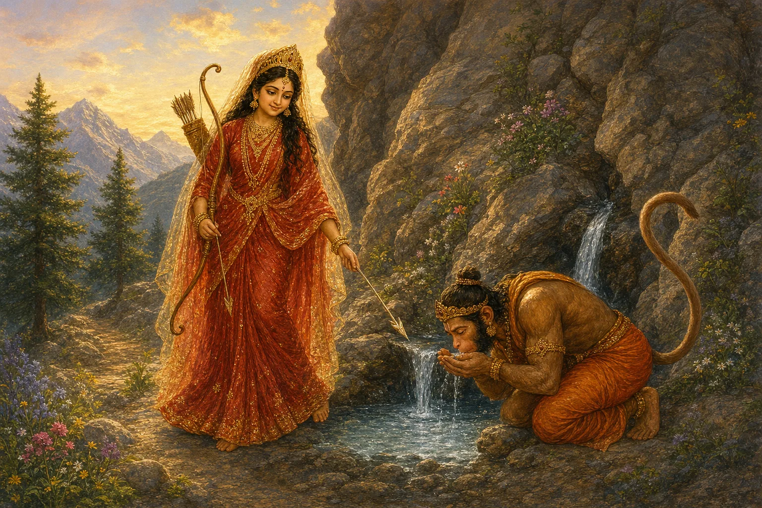 Hanuman drinks from the stream that springs from the mountainside where the girl's arrow struck, the origin of the sacred Banganga