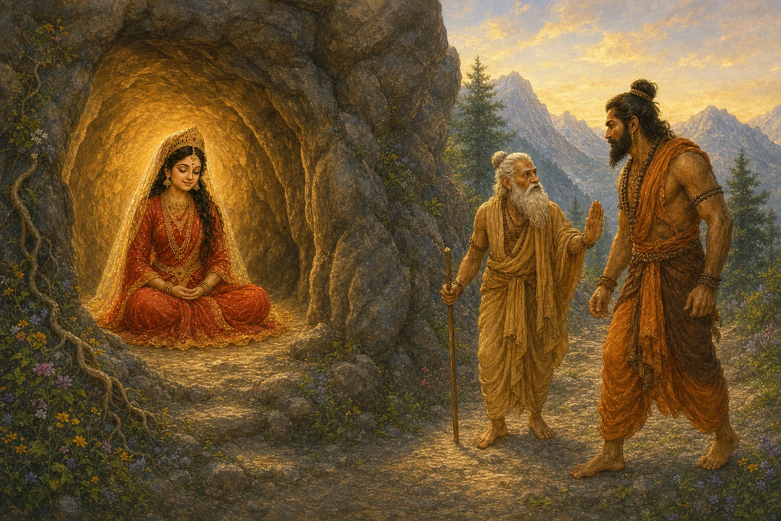 The Mother enters the narrow mountain cave where she will meditate in deep tapasya for nine months