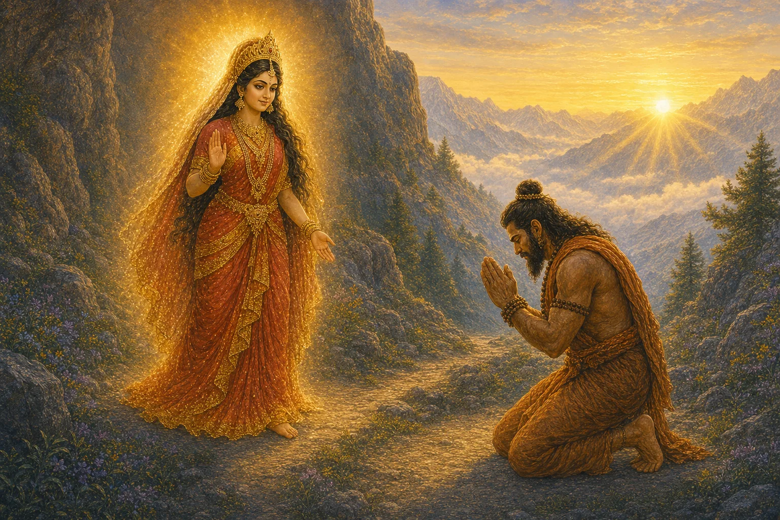 Mata Vaishno Devi forgives the repentant Bhairavnath and grants him moksha