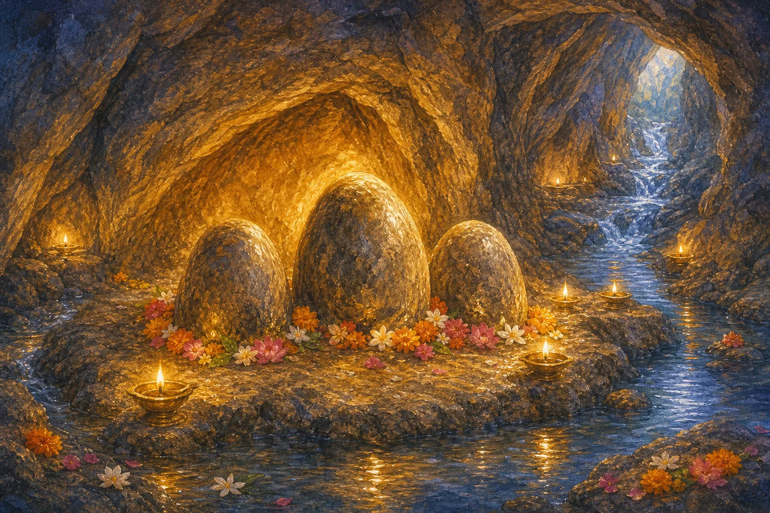 The three sacred rock pindis of Mahakali, Mahalakshmi, and Mahasaraswati rest within the holy cave