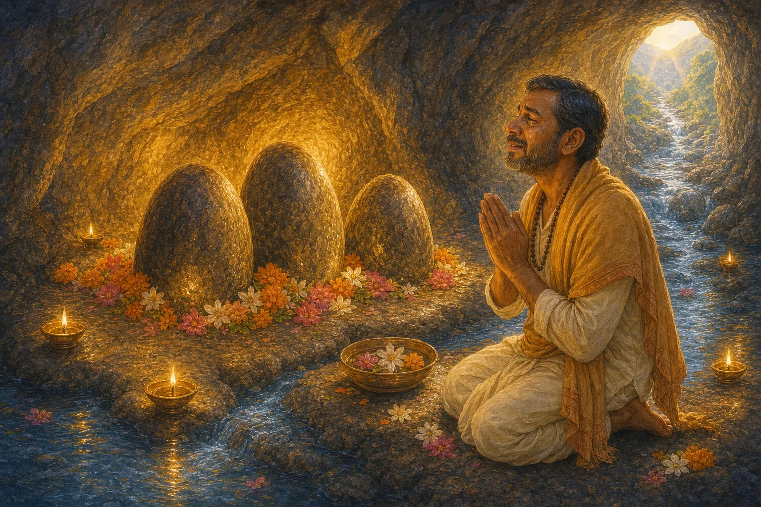 Shridhar kneels with tears of joy, offering water and flowers to the Mother inside the sacred cave