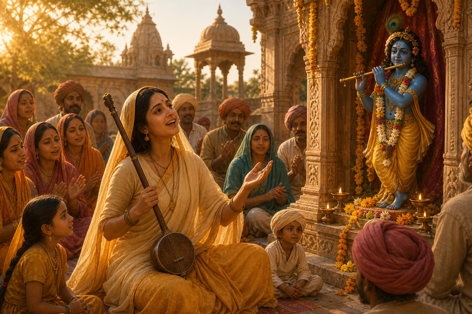 Mirabai sings a bhajan before Krishna in a temple