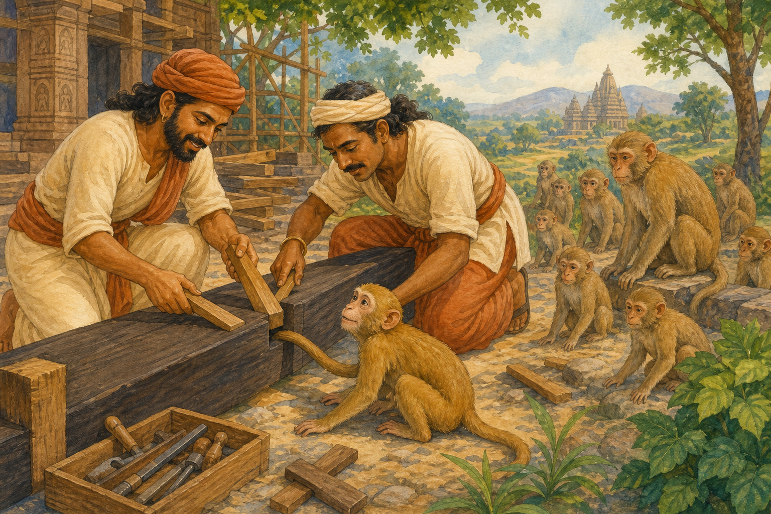 Carpenters carefully reopening the beam to free the young monkey's tail