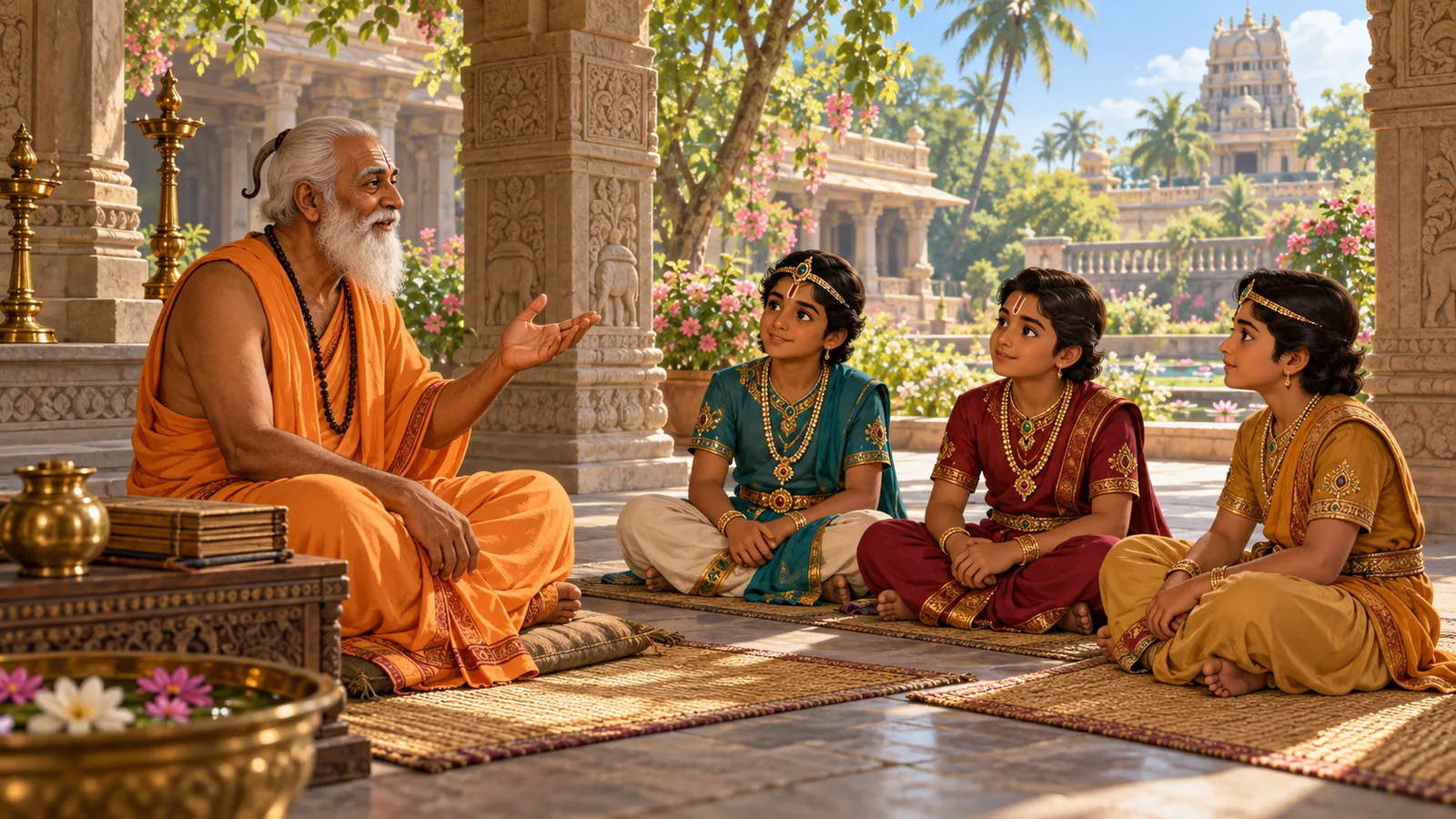 Vishnu Sharma tells a story to the three princes in a shaded palace courtyard.