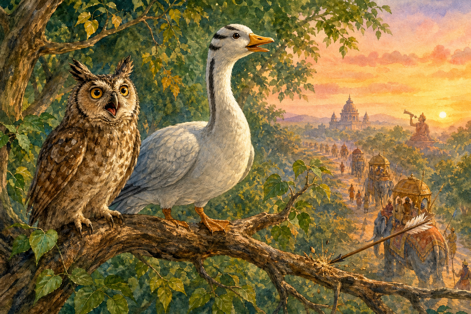 Dawn caravan beyond the forest as Owl answers a conch and Passion looks alarmed