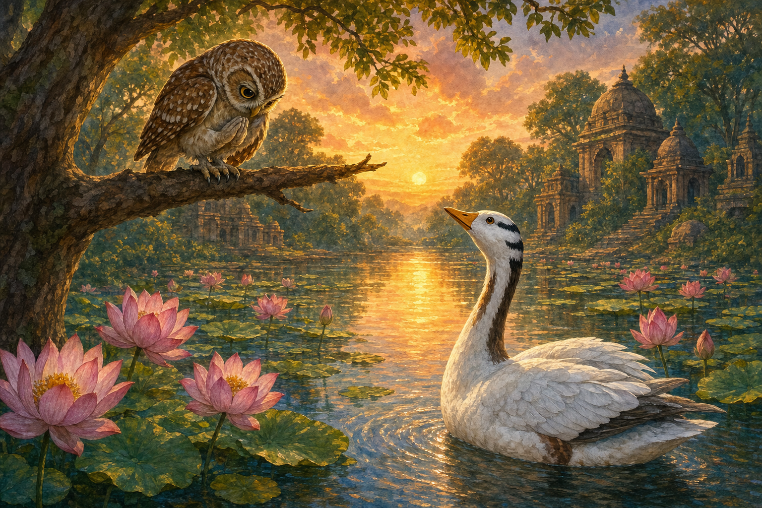 Passion safely returning to Lotus Lake while Owl apologizes from a shaded branch