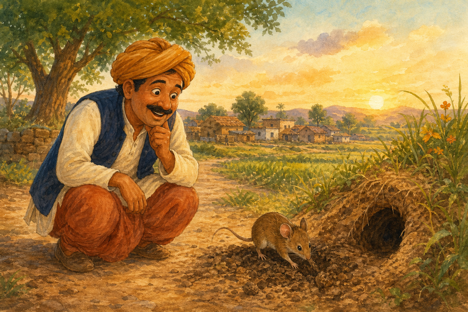 The villager listens to the rhythm of a mouse digging beside the path