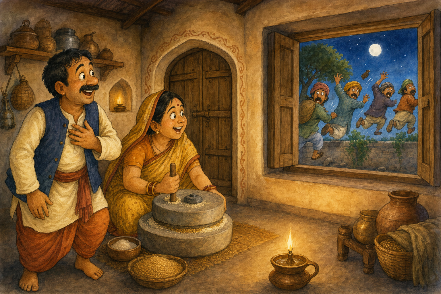 The astonished couple sees the frightened thieves fleeing over the wall