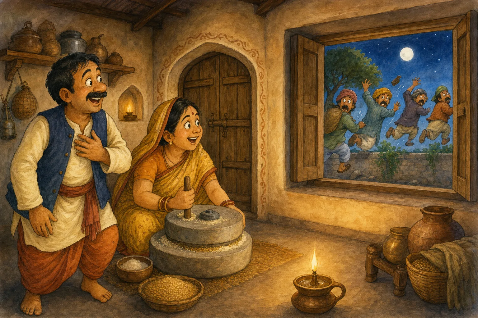 The astonished couple sees the frightened thieves fleeing over the wall