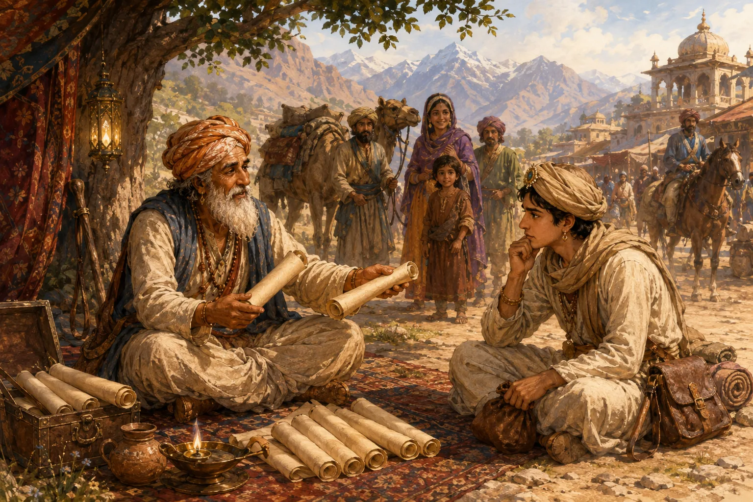 A travelling storyteller offers blank scrolls of wisdom while the young king listens thoughtfully on the open plain